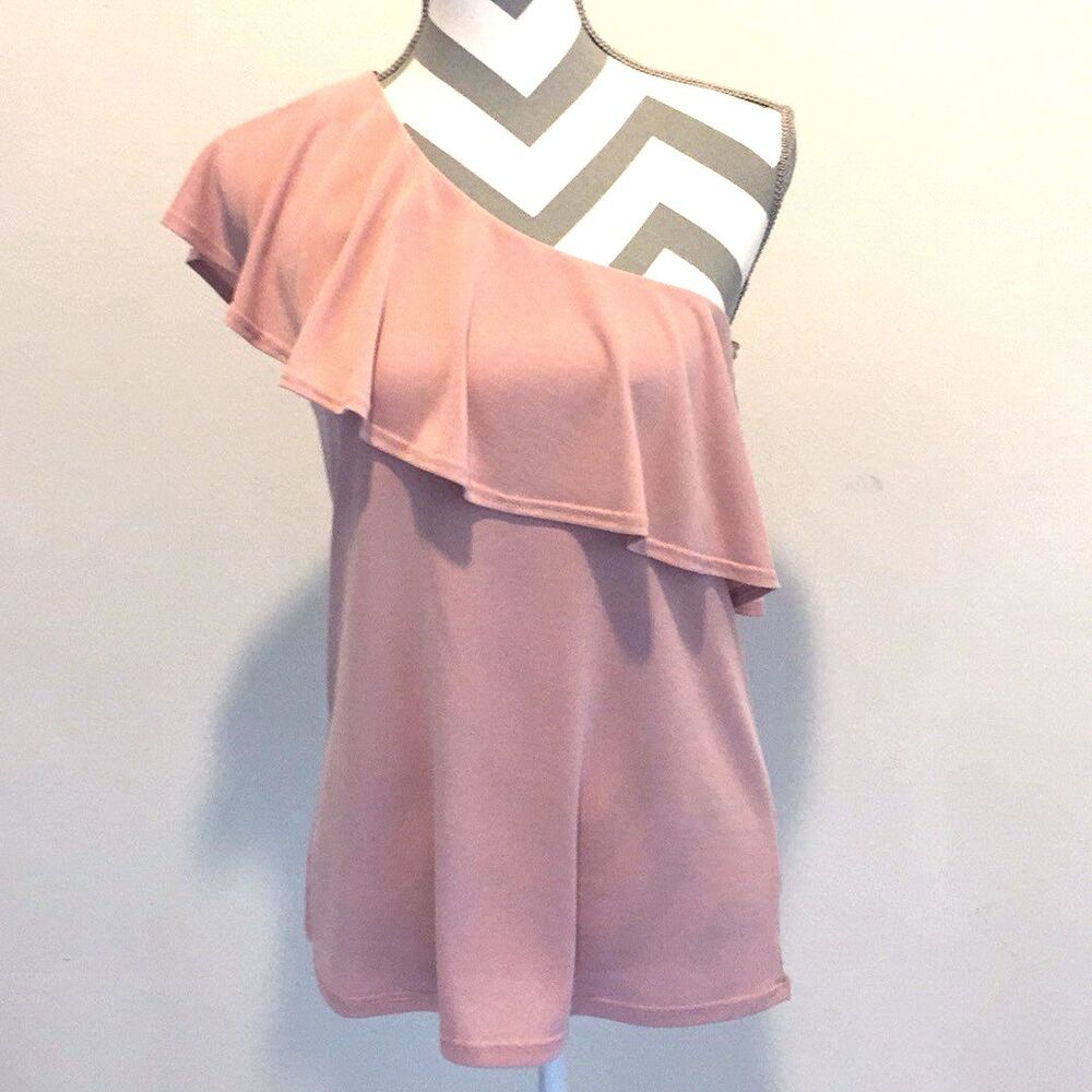 Green Envelope Women's Pink One Shoulder Ruffle Trim Asymmetric Blouse Sz Small